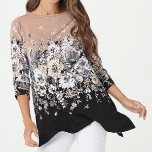 Isaac Mizrahi live Floral Black and Tan tunic top size M